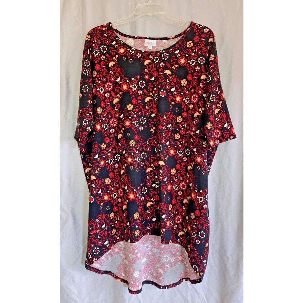 LuLaRoe Womens L Irma Tunic Floral Black Red Print Short Sleeve Casual Loose Fit